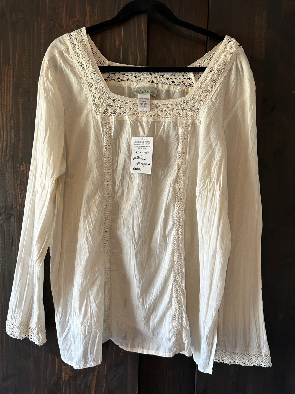Periscope Boho Lace-Trim Square Neck Long-Sleeve Blouse - Cream Sz 20W (2X)
